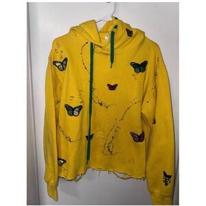 Knight Yellow Butterfly Embroidered Distressed Hoodie Paint Splatter Womens M